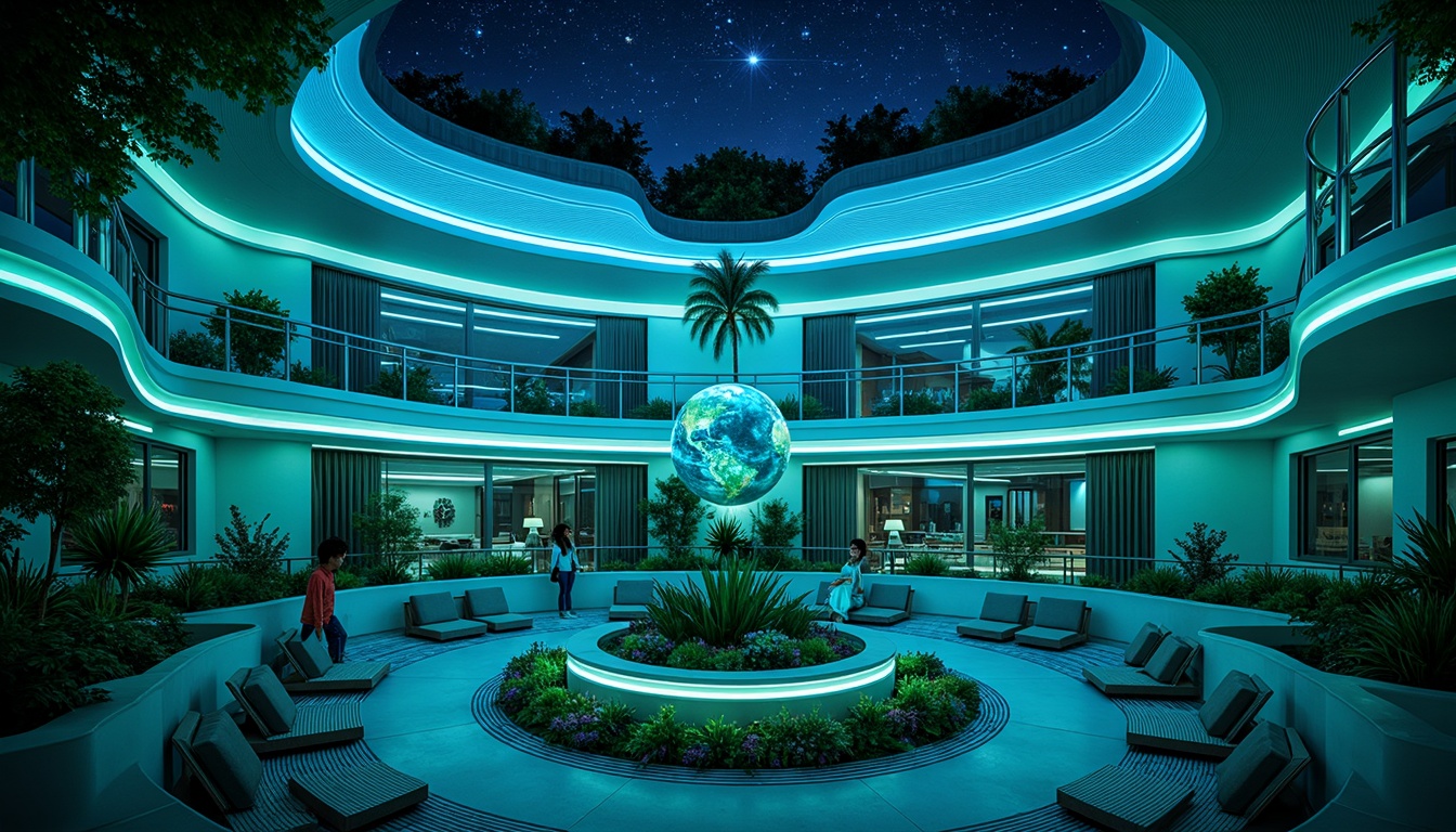 Prompt: Celestial planetarium, social housing complex, vibrant blue-green color scheme, neon-lit accents, futuristic architecture, curved lines, domed structures, starry night sky, ambient lighting, soft glow, cozy communal spaces, minimalist furniture, sleek metal frames, glass partitions, open floor plans, community gardens, rooftop observatory, telescopes, astronomy-inspired decor, galaxy-patterned textiles, iridescent materials, shimmering effects, 3/4 composition, shallow depth of field, panoramic view.