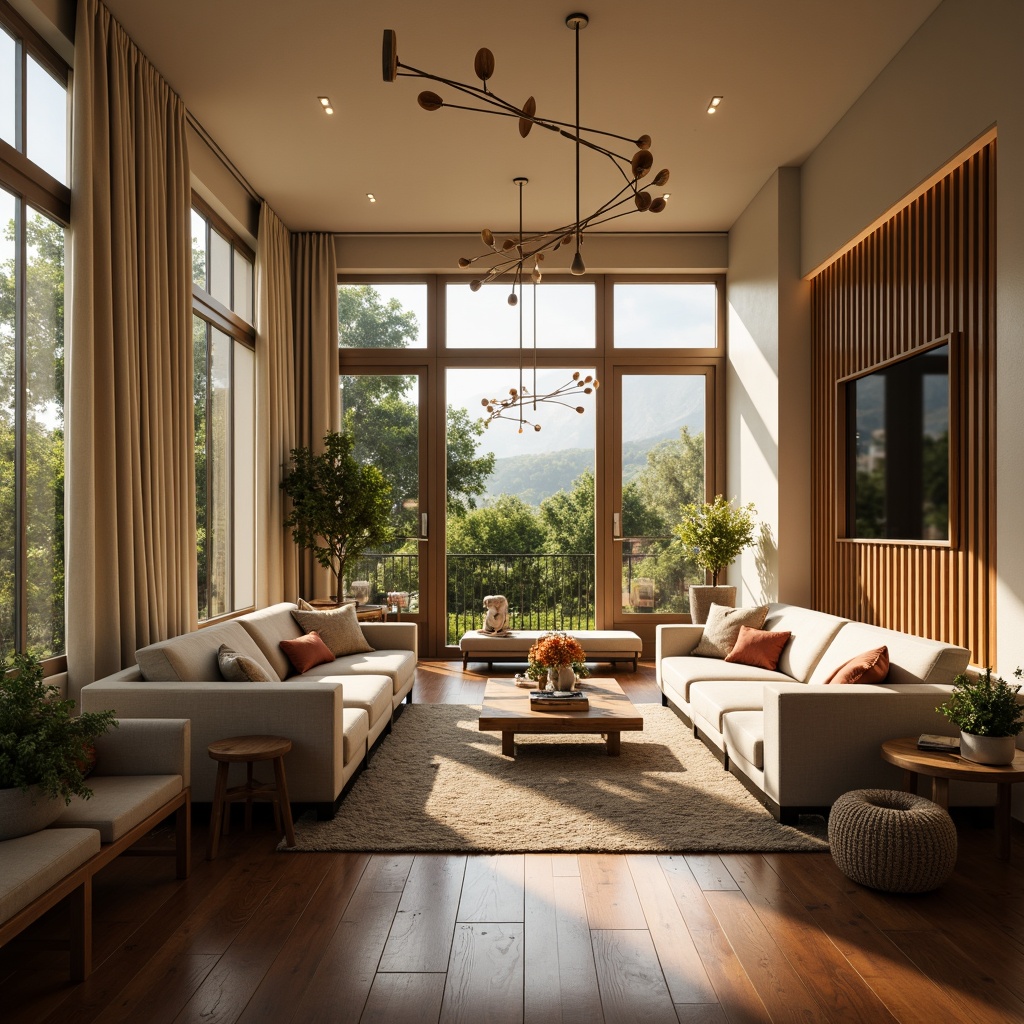 Prompt: Cozy living room, plush sofas, warm beige walls, rich wood flooring, soft golden lighting, comfortable throw pillows, modern minimalist decor, large windows, natural daylight, lush greenery views, elegant chandeliers, sophisticated color palette, calming atmosphere, shallow depth of field, 1/1 composition, realistic textures, ambient occlusion.