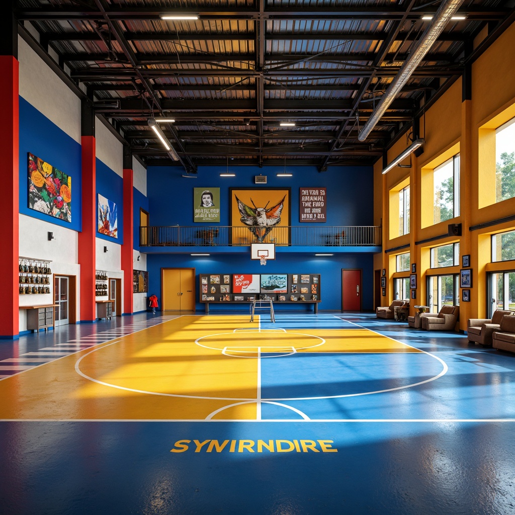 Prompt: Vibrant gymnasium interior, modernist architecture, bold color scheme, bright blue accents, energetic yellow tones, deep red hues, sleek metal beams, polished concrete floors, minimalist decor, industrial chic lighting, geometric patterns, abstract artwork, motivational quotes, athletic equipment displays, trophy cases, dynamic shadows, high-contrast lighting, 1/2 composition, realistic textures, ambient occlusion.