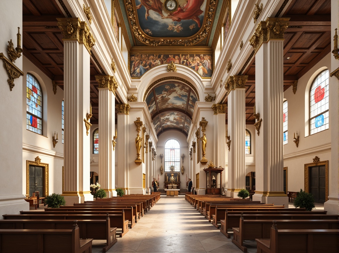 Prompt: Majestic neoclassical church, grandiose columns, ornate details, soft cream walls, rich gold accents, warm beige marble floors, stained glass windows, vibrant blue and red hues, intricate frescoes, high ceilings, dramatic archways, symmetrical composition, natural light pouring in, subtle shadows, realistic textures, ambient occlusion.