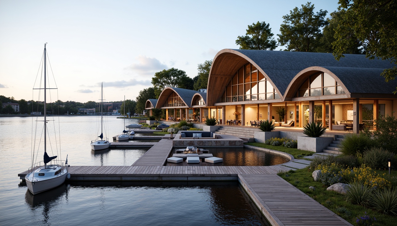 Prompt: Waterfront location, serene lake views, wooden dock, sailboats, curvilinear rooflines, undulating fa\u00e7ades, nautical-themed decorations, rustic wood accents, natural stone foundations, glass-enclosed living areas, modern minimalist interiors, soft warm lighting, shallow depth of field, 1/1 composition, realistic water reflections, ambient occlusion, organic shapes, fluid lines, dynamic forms, harmonious proportions.