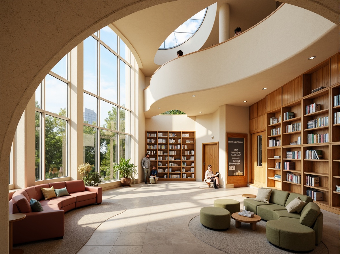 Prompt: Cozy reading nooks, floor-to-ceiling windows, abundant natural light, warm wood tones, comfortable seating areas, quiet study zones, bookshelves with ladder access, soft carpeting, earthy color palette, minimalist decor, clerestory windows, skylights, solar tubes, energy-efficient lighting systems, flexible reading spaces, collaborative work areas, inspirational quotes, motivational artwork, peaceful atmosphere, warm beige walls, rich wood accents, plush furnishings, inviting entranceways, open floor plans, flowing curves, organic shapes, natural stone flooring, subtle textures, calming ambiance.