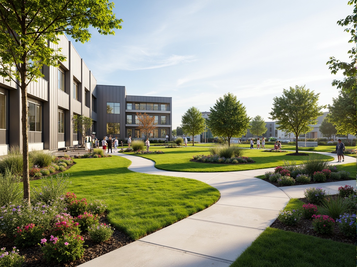 Prompt: Suburban high school campus, lush green lawns, vibrant flower beds, meandering walkways, modern educational facilities, sleek metal buildings, large windows, glass doors, blooming trees, sunny day, soft warm lighting, shallow depth of field, 3/4 composition, panoramic view, realistic textures, ambient occlusion, outdoor seating areas, educational signage, bike racks, parking lots, sports fields, tennis courts, athletic tracks, natural stone retaining walls, ornamental fencing, colorful outdoor furniture.