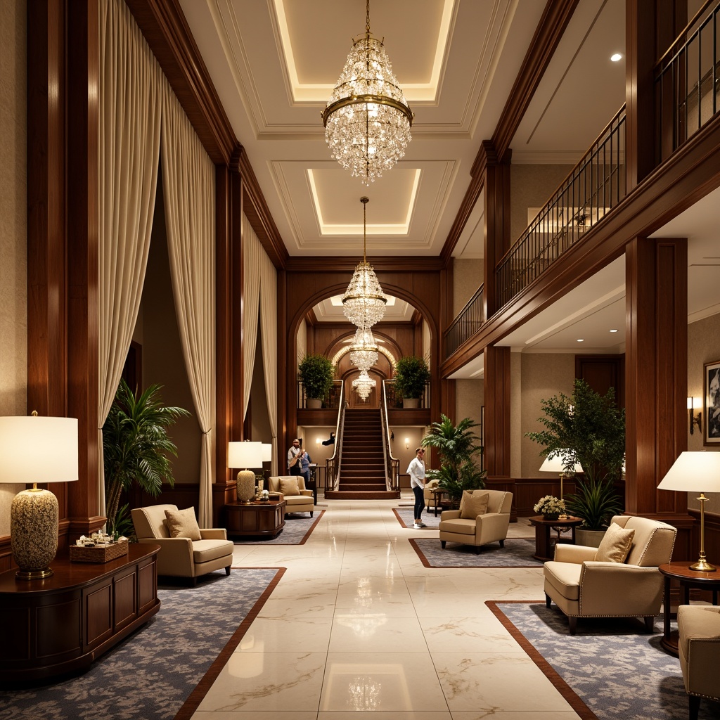 Prompt: Luxurious hotel lobby, rich wood tones, ornate furnishings, velvet drapes, golden accents, crystal chandeliers, marble floors, soft warm lighting, elegant archways, grand staircases, refined classicism style, muted earthy colors, beige walls, cream ceilings, dark wood paneling, subtle patterned carpets, sophisticated ambiance, warm inviting atmosphere, 1/1 composition, shallow depth of field, realistic textures.