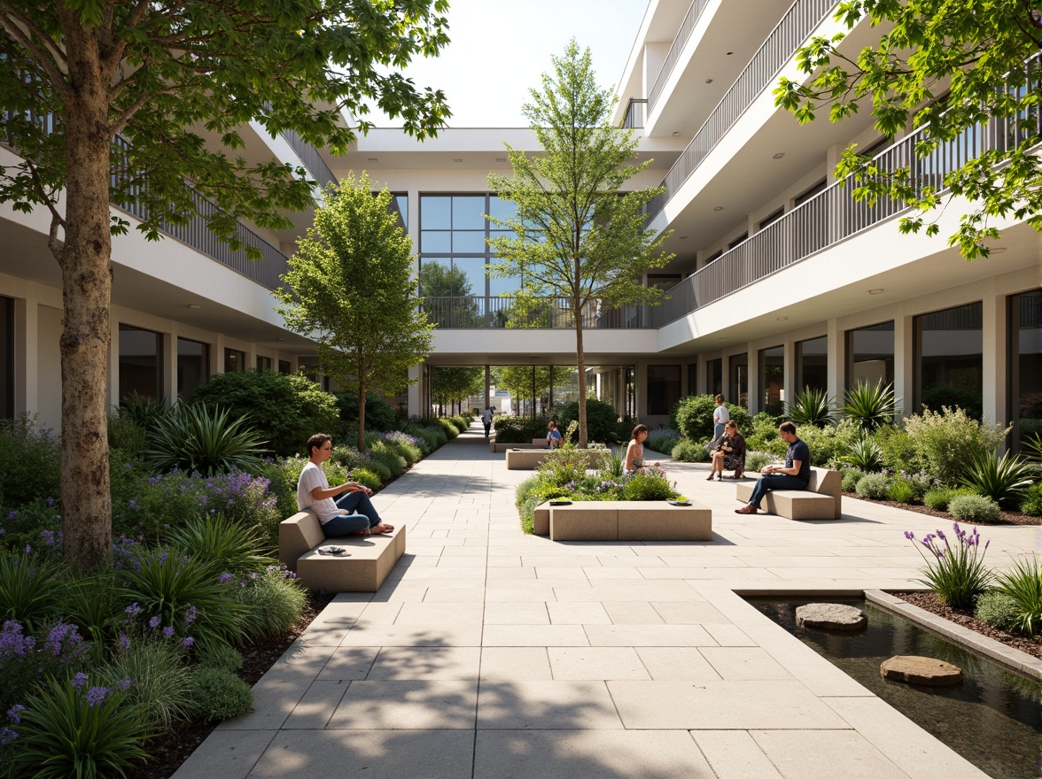 Prompt: Soothing hospital courtyard, lush greenery, calming water features, natural stone pathways, minimalist benches, modern sculptures, serene ambiance, warm neutral tones, clean lines, simple forms, functional planters, low-maintenance gardens, peaceful atmosphere, soft diffused lighting, shallow depth of field, 1/1 composition, realistic textures, ambient occlusion.