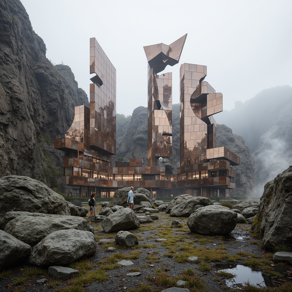 Prompt: Fragmented landscape, rocky outcrops, meandering paths, abstract sculptures, deconstructed buildings, irregular forms, fractured lines, dynamic volumes, cantilevered structures, reflective surfaces, metallic materials, bold color contrasts, dramatic lighting effects, misty atmosphere, shallow depth of field, 1/1 composition, panoramic view, realistic textures, ambient occlusion.