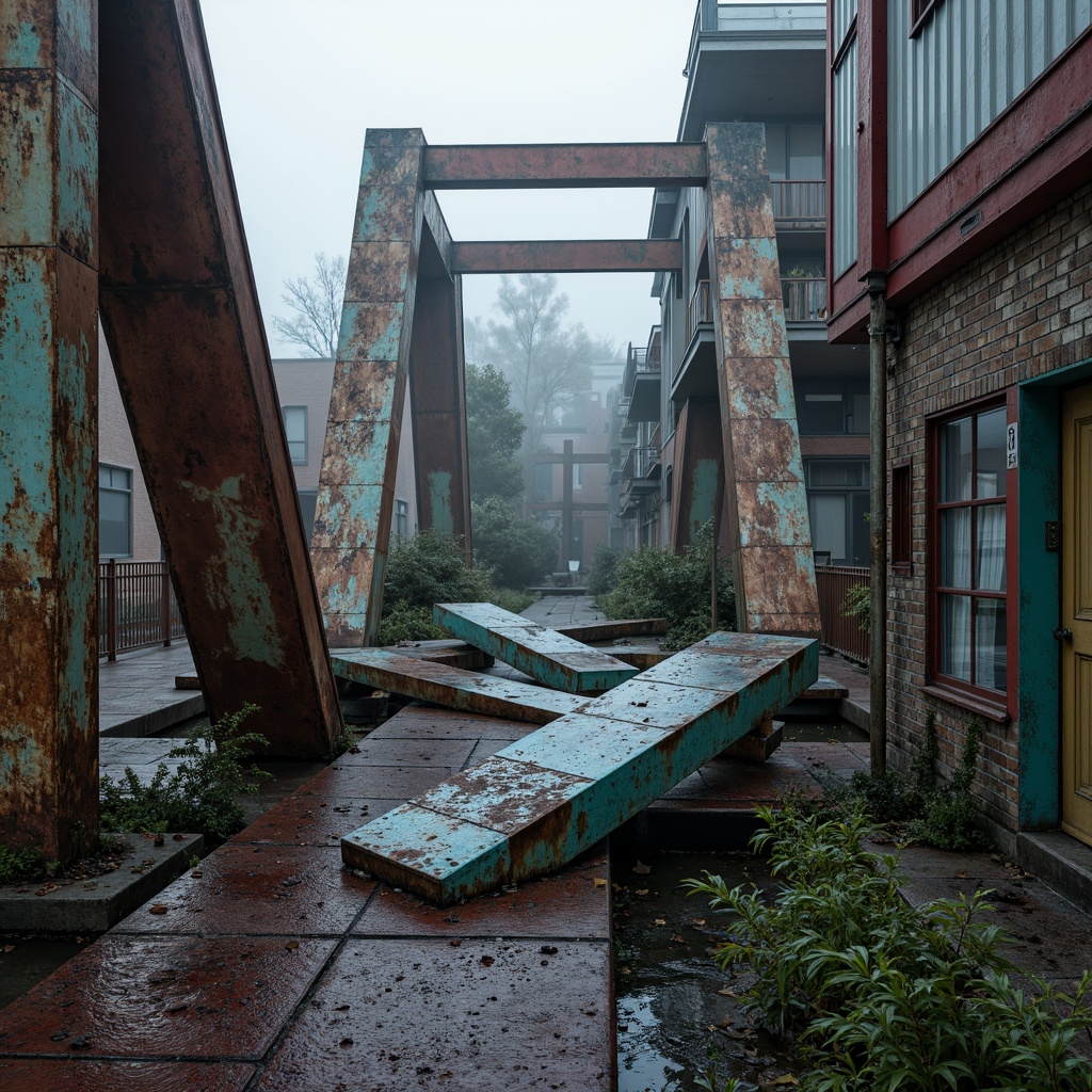 Prompt: Deconstructed bridge, fragmented steel beams, rusted metal textures, worn concrete surfaces, abstract geometric shapes, bold color contrasts, vibrant turquoise accents, deep crimson hues, metallic silver reflections, industrial urban landscape, misty atmospheric effects, dramatic lighting, high-contrast shadows, 1/2 composition, cinematic camera angles, realistic material renderings, ambient occlusion.