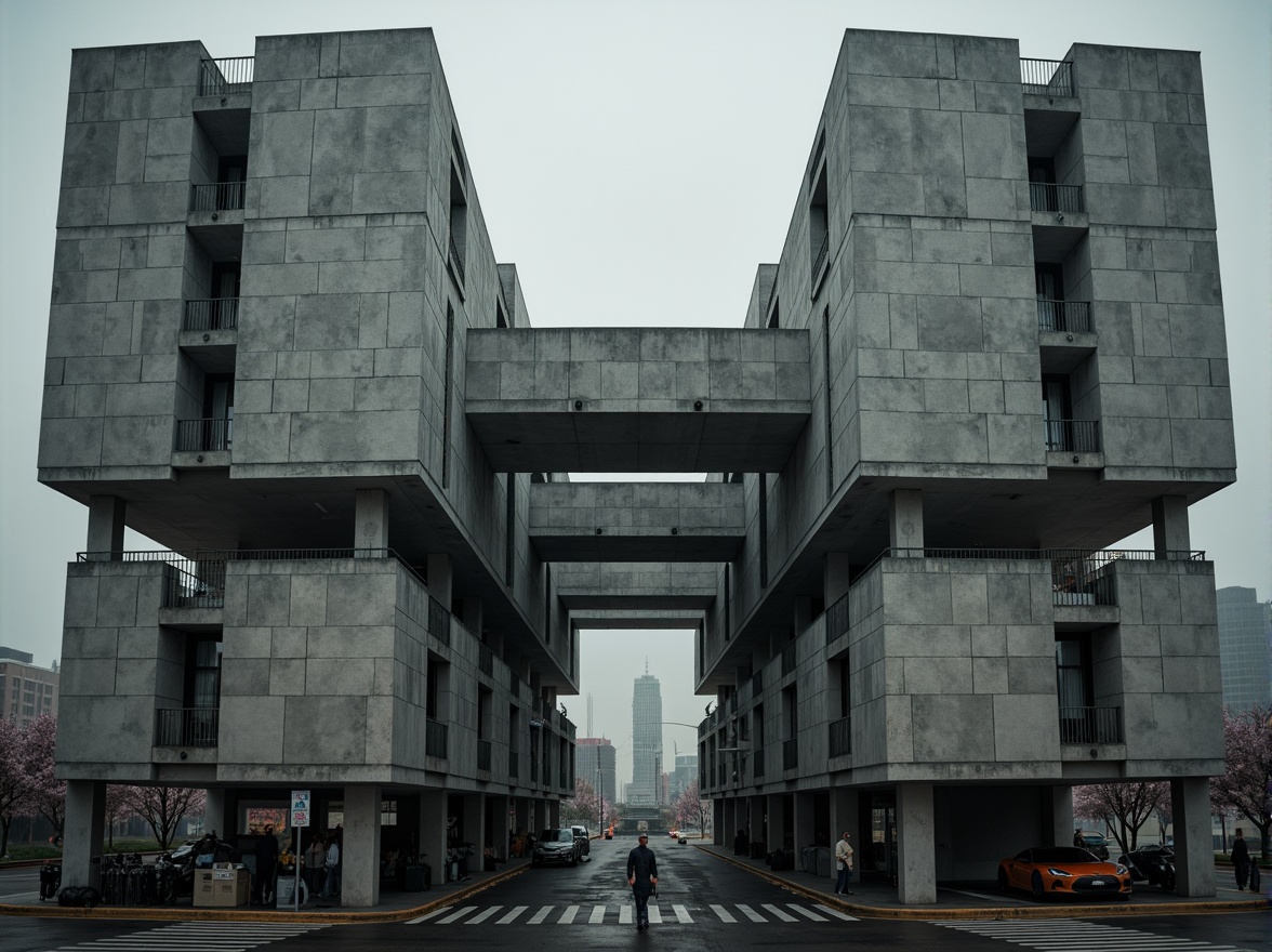 Prompt: Massive concrete forms, brutalist architecture, industrial distribution center, rugged textures, exposed ductwork, raw steel beams, functional minimalism, urban cityscape, overcast skies, dramatic shadows, high-contrast lighting, cinematic composition, symmetrical framing, bold geometric shapes, reinforced materials, utilitarian aesthetic, functional simplicity, mechanized systems, metallic accents, distressed finishes, monumental scale, imposing presence, atmospheric misting.