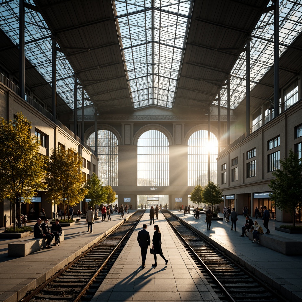 Prompt: Grand train station, high ceilings, large windows, natural light pouring in, steel beams, industrial architecture, modern design, urban atmosphere, busy commuters, rush hour scene, soft warm lighting, shallow depth of field, 1/1 composition, realistic textures, ambient occlusion, glass roofs, skylights, clerestory windows, open spaces, pedestrian walkways, public art installations, urban furniture, greenery, plants, trees.