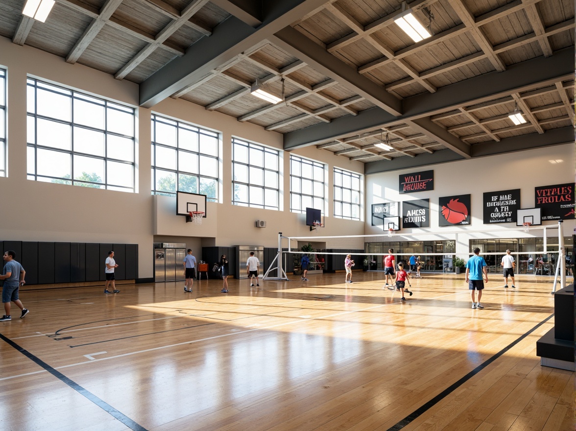 Prompt: Modern gymnasium interior, open-plan layout, high ceilings, natural light, polished wooden floors, athletic equipment, basketball hoops, volleyball nets, exercise machines, free weights, mirrored walls, motivational quotes, inspirational posters, spacious locker rooms, individual showers, stainless steel fixtures, bright color scheme, energetic atmosphere, shallow depth of field, 1/1 composition, realistic textures, ambient occlusion.