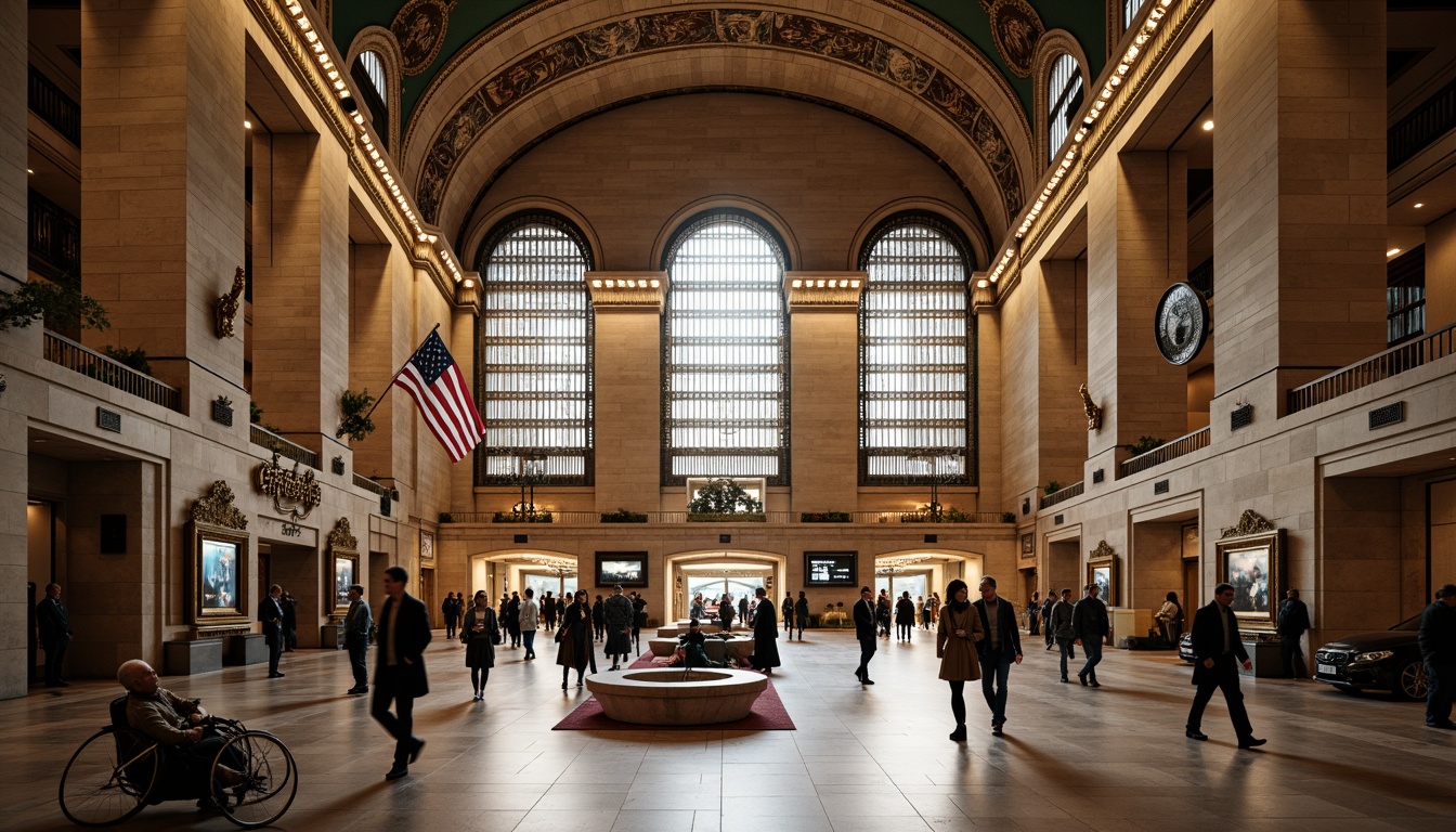 Prompt: Grandiose metro station, academic architectural style, ornate stone facades, arched windows, classical columns, intricate carvings, bronze statues, elegant chandeliers, high ceilings, marble floors, symmetrical composition, warm soft lighting, shallow depth of field, 1/1 aspect ratio, realistic textures, ambient occlusion, urban cityscape, busy streets, modern transportation systems.