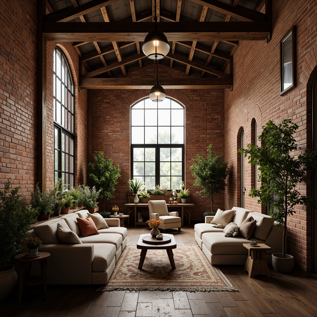 Prompt: Exposed brick walls, industrial metal beams, reclaimed wood accents, vintage decorative elements, soft warm lighting, cozy intimate atmosphere, romantic ambiance, eclectic mix of antique and modern furniture, lush greenery, potted plants, natural textiles, earthy color palette, distressed finishes, ornate metalwork, grand windows, arched doorways, rustic wooden floors, plush area rugs, dramatic ceiling heights, atmospheric misting, warm golden lighting, 1/1 composition, shallow depth of field, realistic textures, ambient occlusion.