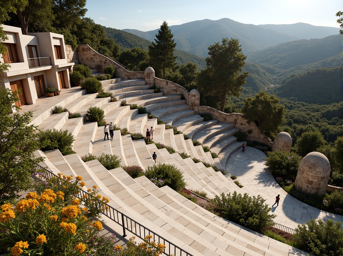 Prompt: Amphitheater-inspired constructivist architecture, grandiose stone steps, curved seating areas, ornate metal railings, lush greenery, vibrant flowers, natural rock formations, rustic wooden accents, earthy color palette, warm sunny day, soft diffused lighting, shallow depth of field, 3/4 composition, panoramic view, realistic textures, ambient occlusion.