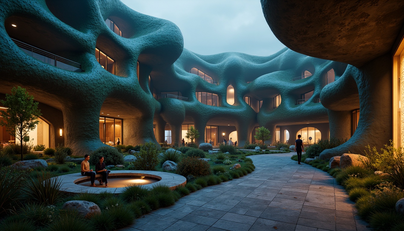 Prompt: Curved blob-like structures, irregular shapes, amoeba-inspired forms, soft rounded edges, fluidic architecture, natural materials, earthy tones, moss-covered walls, wooden accents, organic textures, wavy lines, abstract patterns, futuristic ambiance, neon-lit nighttime scene, misty atmosphere, shallow depth of field, 1/1 composition, cinematic lighting, realistic renderings, ambient occlusion.