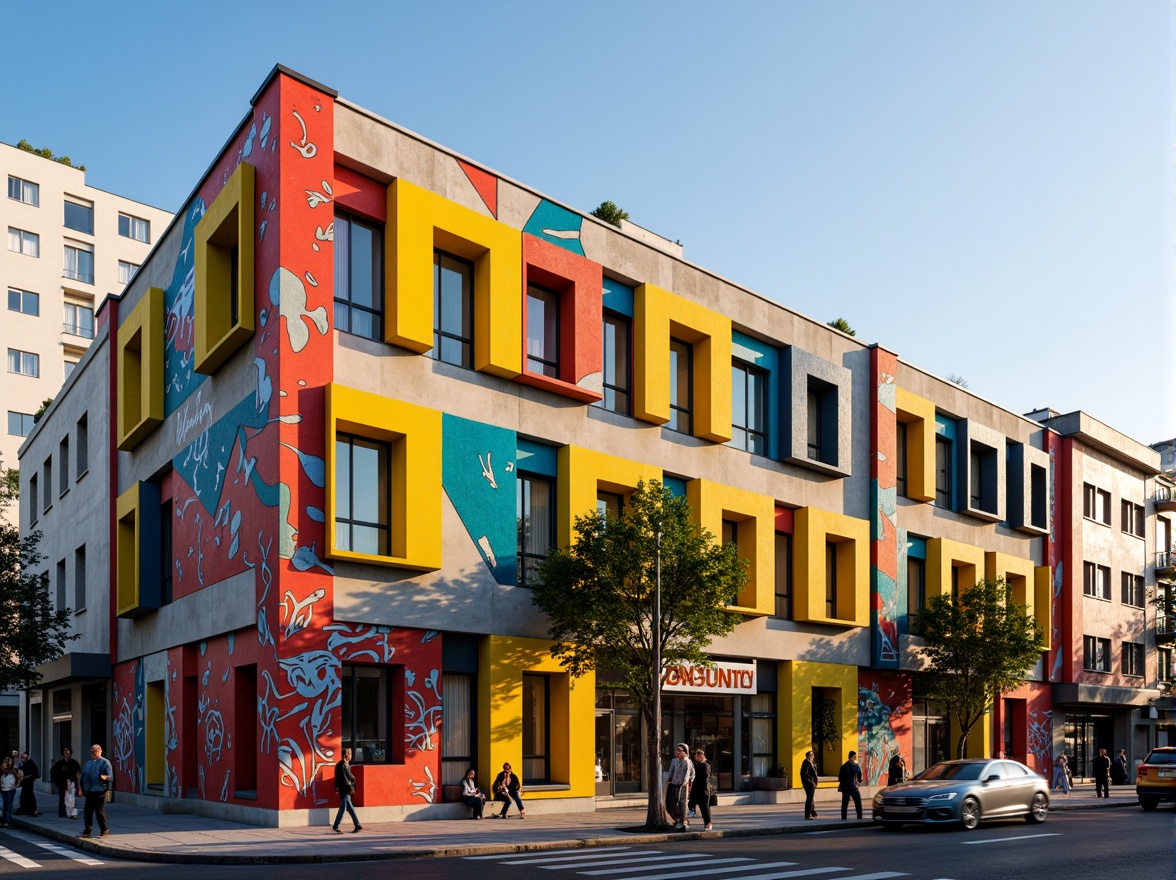 Prompt: Vibrant community center, expressionist facade design, bold geometric shapes, bright primary colors, irregular forms, abstract patterns, dynamic textures, rough concrete walls, angular metal frames, oversized windows, asymmetrical composition, dramatic shadows, warm golden lighting, shallow depth of field, 1/1 composition, realistic materials, ambient occlusion, urban cityscape, bustling streets, pedestrian traffic, street art murals, eclectic neighborhood vibe.