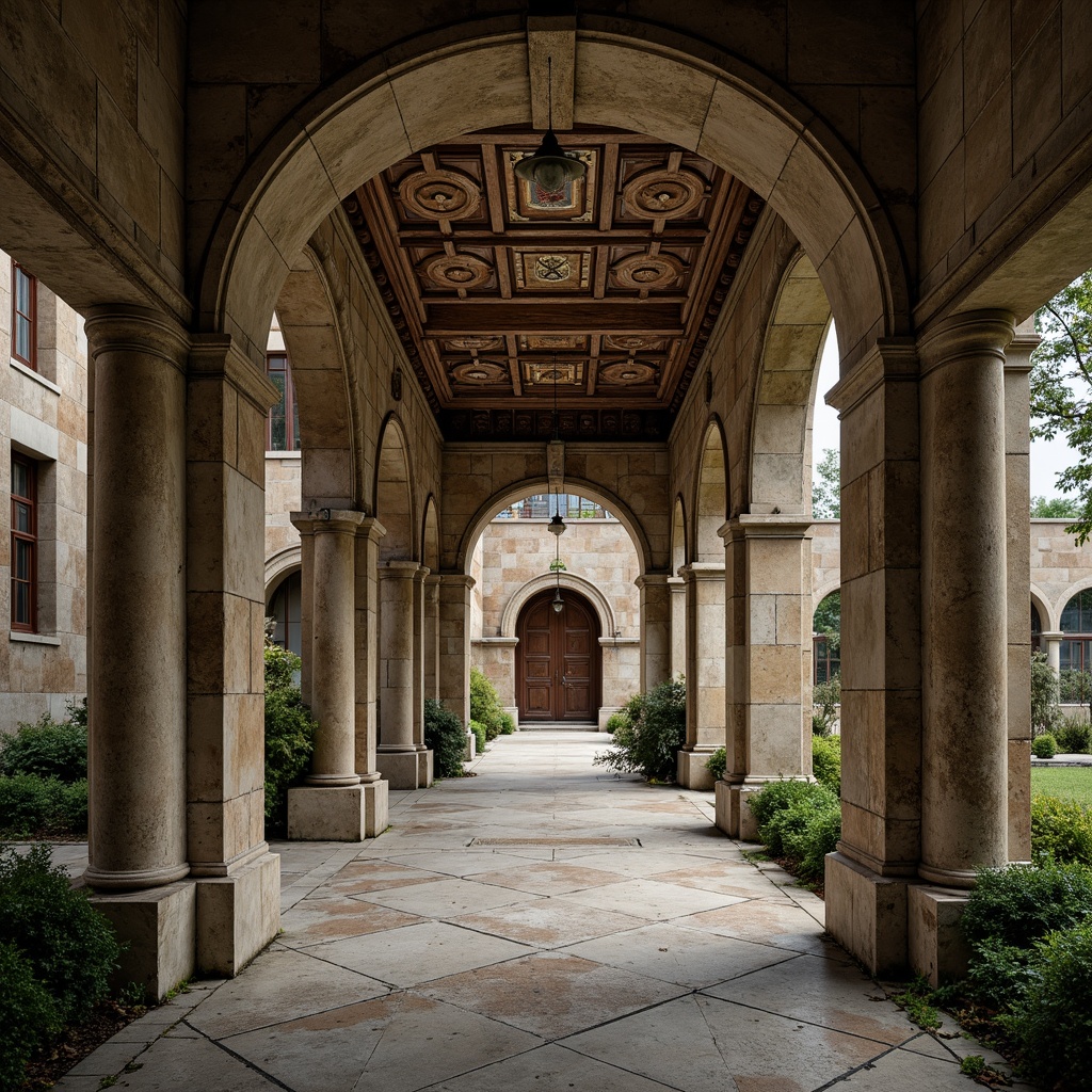 Prompt: Ancient stone archways, rustic Romanesque columns, ornate carvings, grand entrance halls, vaulted ceilings, stained glass windows, intricate mosaics, weathered stone walls, moss-covered facades, lush greenery, overcast skies, soft warm lighting, shallow depth of field, 3/4 composition, symmetrical framing, realistic textures, ambient occlusion.