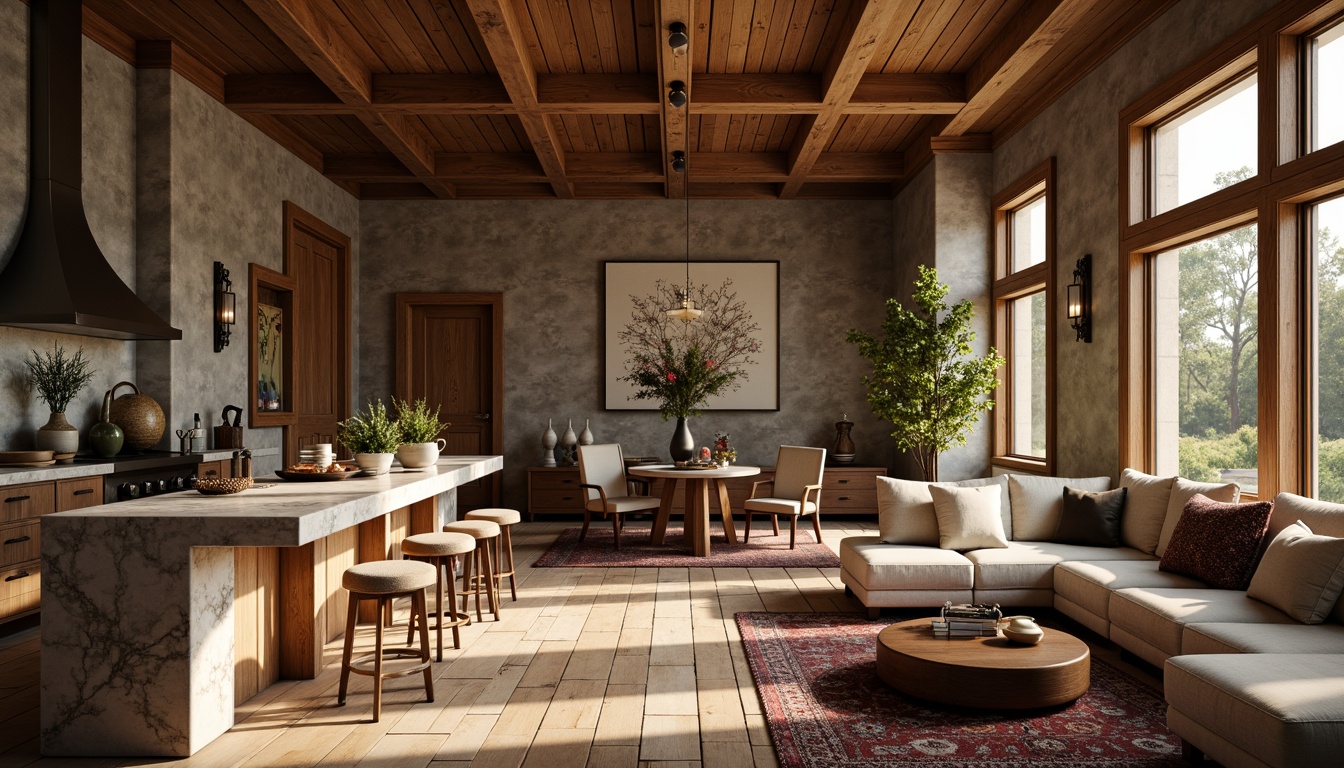 Prompt: Elegant interior space, rich wood accents, luxurious marble countertops, soft warm lighting, plush area rugs, comfortable velvet sofas, natural stone walls, reclaimed wooden floors, metallic decorative fixtures, earthy color palette, organic textures, subtle patterns, harmonious balance, 1/1 composition, shallow depth of field, realistic rendering.