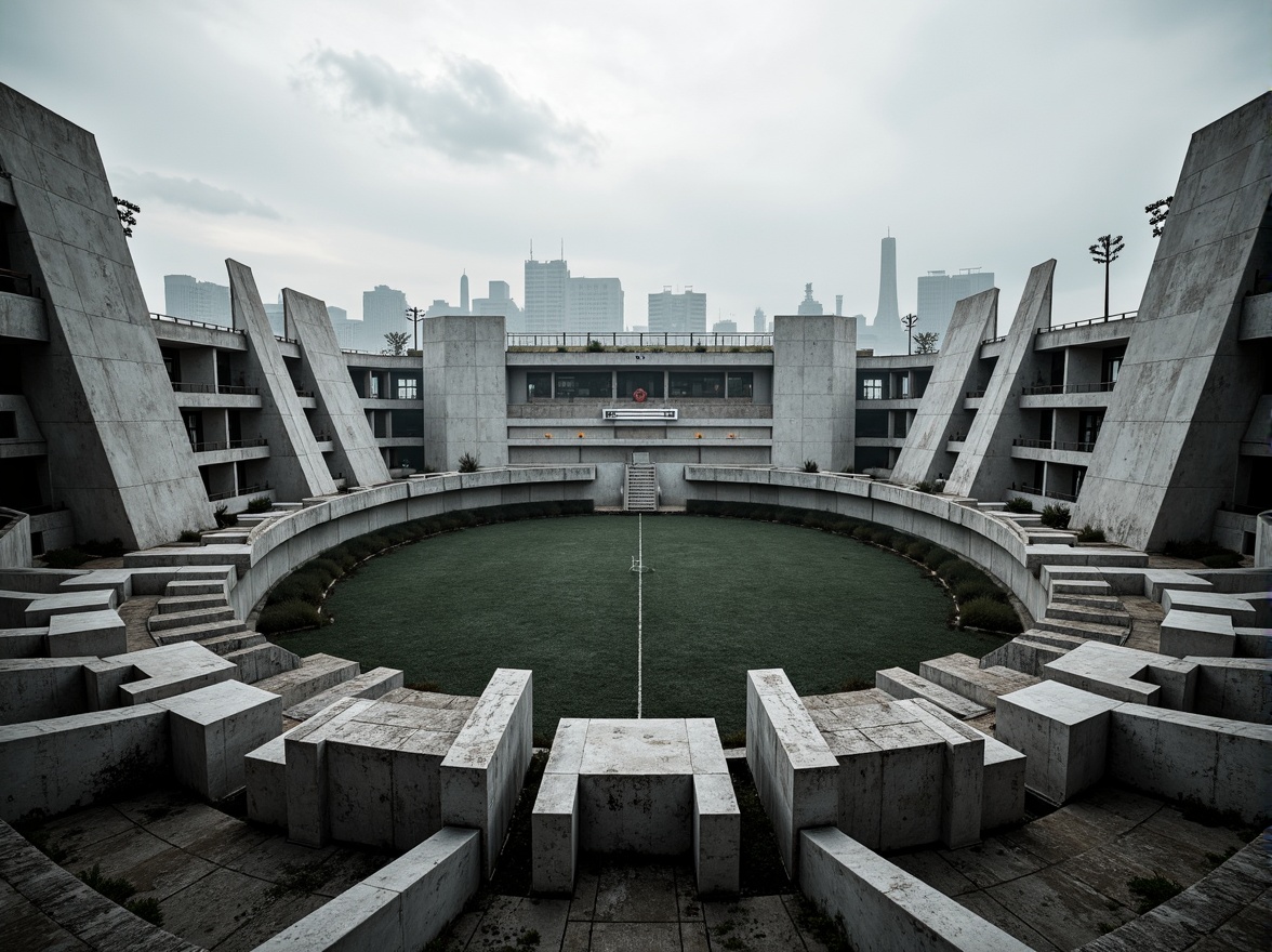 Prompt: Rugged brutalist stadium, exposed concrete structures, angular lines, fortress-like fa\u00e7ades, monumental scale, imposing presence, raw unfinished textures, industrial materials, steel beams, cantilevered roofs, dramatic shadows, high-contrast lighting, bold geometric forms, functional simplicity, urban landscape, cityscape backdrop, overcast sky, moody atmosphere, cinematic composition, low-angle shot, symmetrical framing.