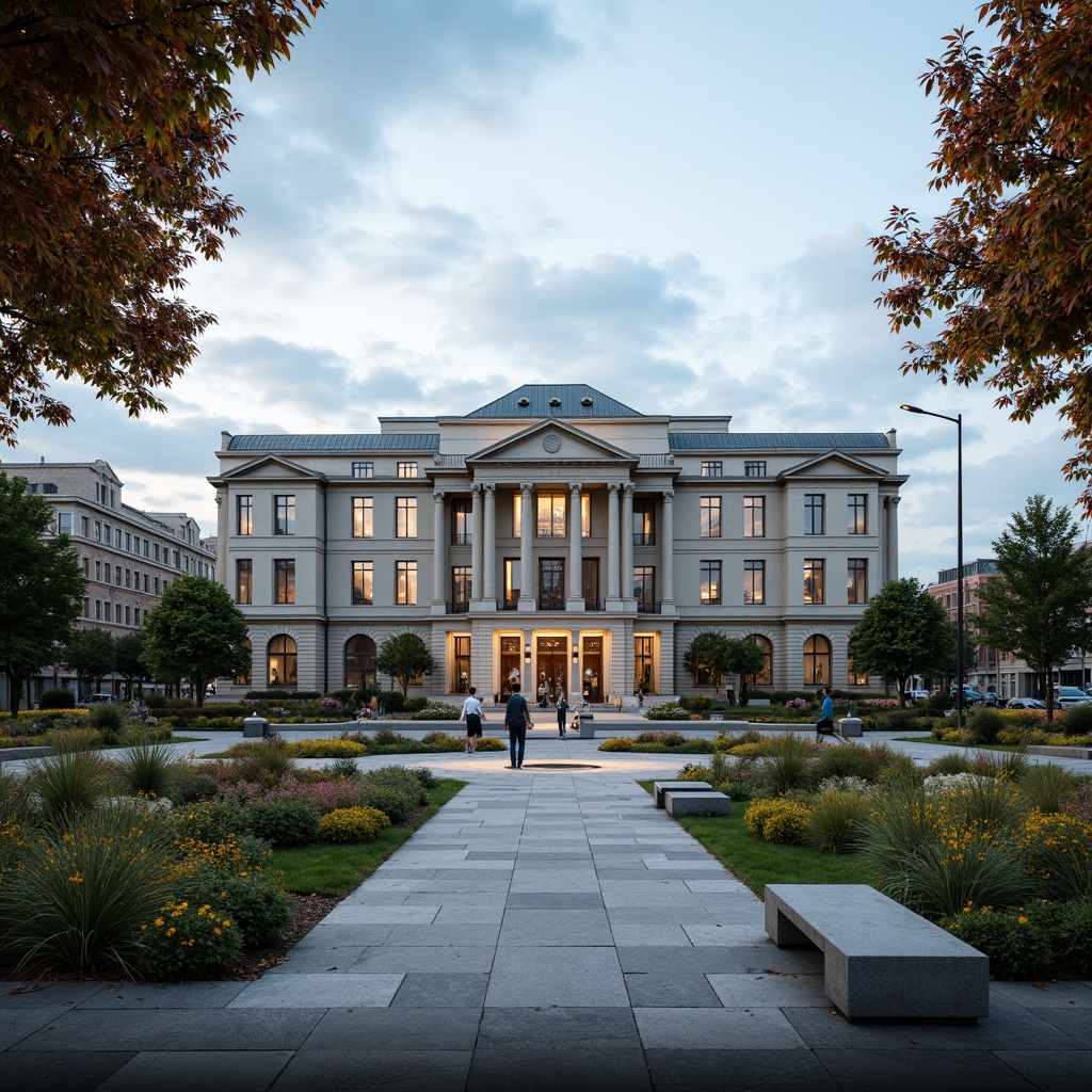 Prompt: Grand courthouse building, neoclassical architecture, symmetrical facade, granite stone walls, ornate columns, majestic entrance, manicured lawns, vibrant flower beds, walking paths, mature trees, seasonal foliage, natural stone benches, modern streetlights, urban cityscape, cloudy blue sky, soft warm lighting, shallow depth of field, 1/2 composition, realistic textures, ambient occlusion.