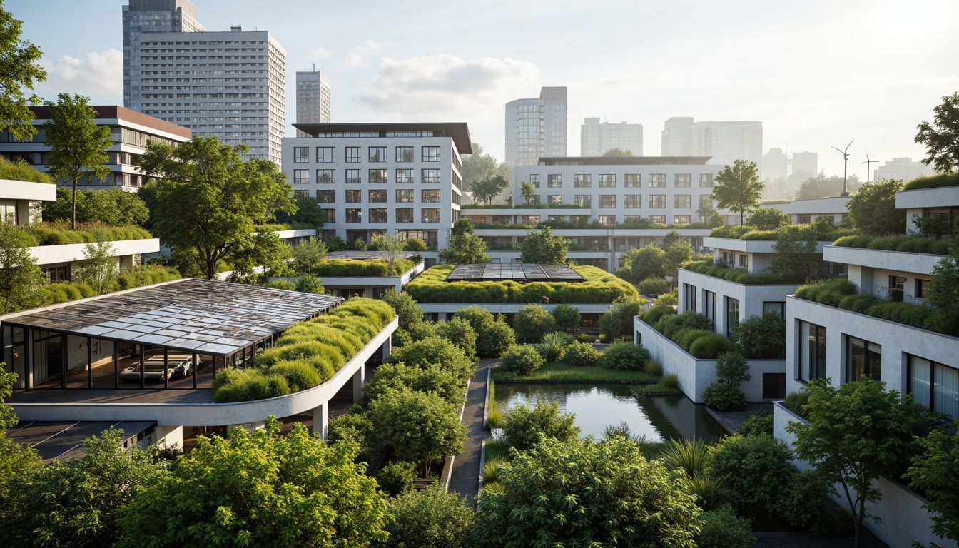 Prompt: Industrial landscape, lush green roofs, vertical gardens, solar panels, wind turbines, rainwater harvesting systems, eco-friendly materials, recycled metal buildings, natural ventilation systems, large skylights, clerestory windows, abundant natural light, soft diffused lighting, shallow depth of field, 3/4 composition, panoramic view, realistic textures, ambient occlusion, modern minimalist design, sleek lines, curved architecture, futuristic aesthetic, vibrant greenery, blooming flowers, serene atmosphere.