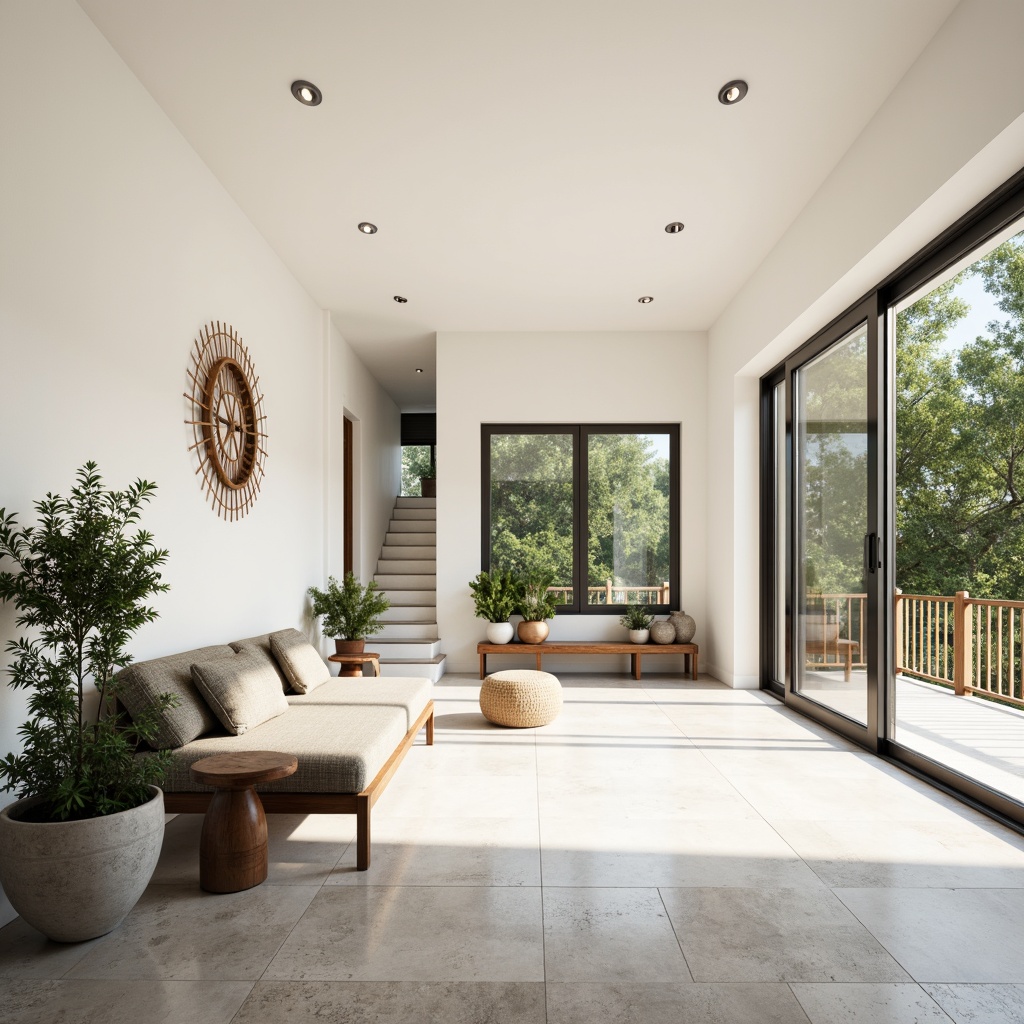 Prompt: Simple white walls, large windows, sliding glass doors, natural stone floors, minimal ornamentation, clean lines, monochromatic color scheme, abundant natural light, bright airy atmosphere, sparse greenery, potted plants, wooden accents, subtle textures, soft warm lighting, shallow depth of field, 3/4 composition, panoramic view, realistic reflections, ambient occlusion.