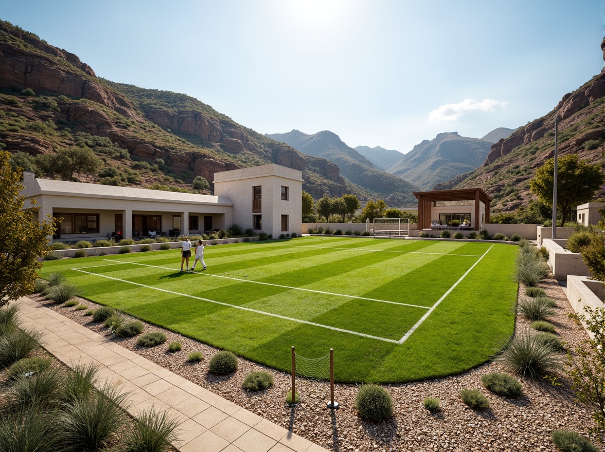 Prompt: Rustic sports field, undulating terrain, natural stone walls, weathered wood fences, vibrant green grass, athletic tracks, soccer goals, basketball hoops, tennis courts, modernist structural elements, exposed steel beams, concrete foundations, geometric shapes, minimalist landscaping, drought-resistant plants, succulent gardens, gravel pathways, sunny day, high-contrast lighting, dramatic shadows, 1/1 composition, symmetrical framing, realistic textures, ambient occlusion.