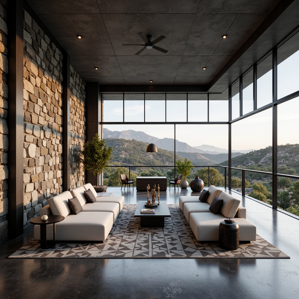 Prompt: Canyon-inspired modernist building interior, open-plan living space, minimalist decor, sleek low-profile furniture, polished concrete floors, industrial-style metal beams, floor-to-ceiling windows, panoramic canyon views, natural stone accent walls, geometric patterned rugs, monochromatic color scheme, ambient soft lighting, 1/1 composition, shallow depth of field, realistic textures, subtle shadows.