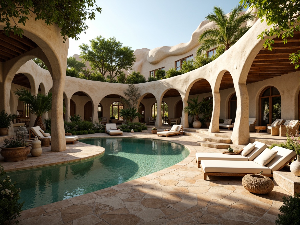 Prompt: Earthy villa, organic curves, natural stone walls, wooden accents, lush green roofs, vibrant turquoise pools, warm beige stucco, rustic terracotta tiles, soft sage landscaping, whimsical water features, meandering pathways, eclectic furniture, bohemian textiles, abstract sculptures, dappled shade, warm golden lighting, shallow depth of field, 1/1 composition, intimate atmosphere, realistic materials, ambient occlusion.