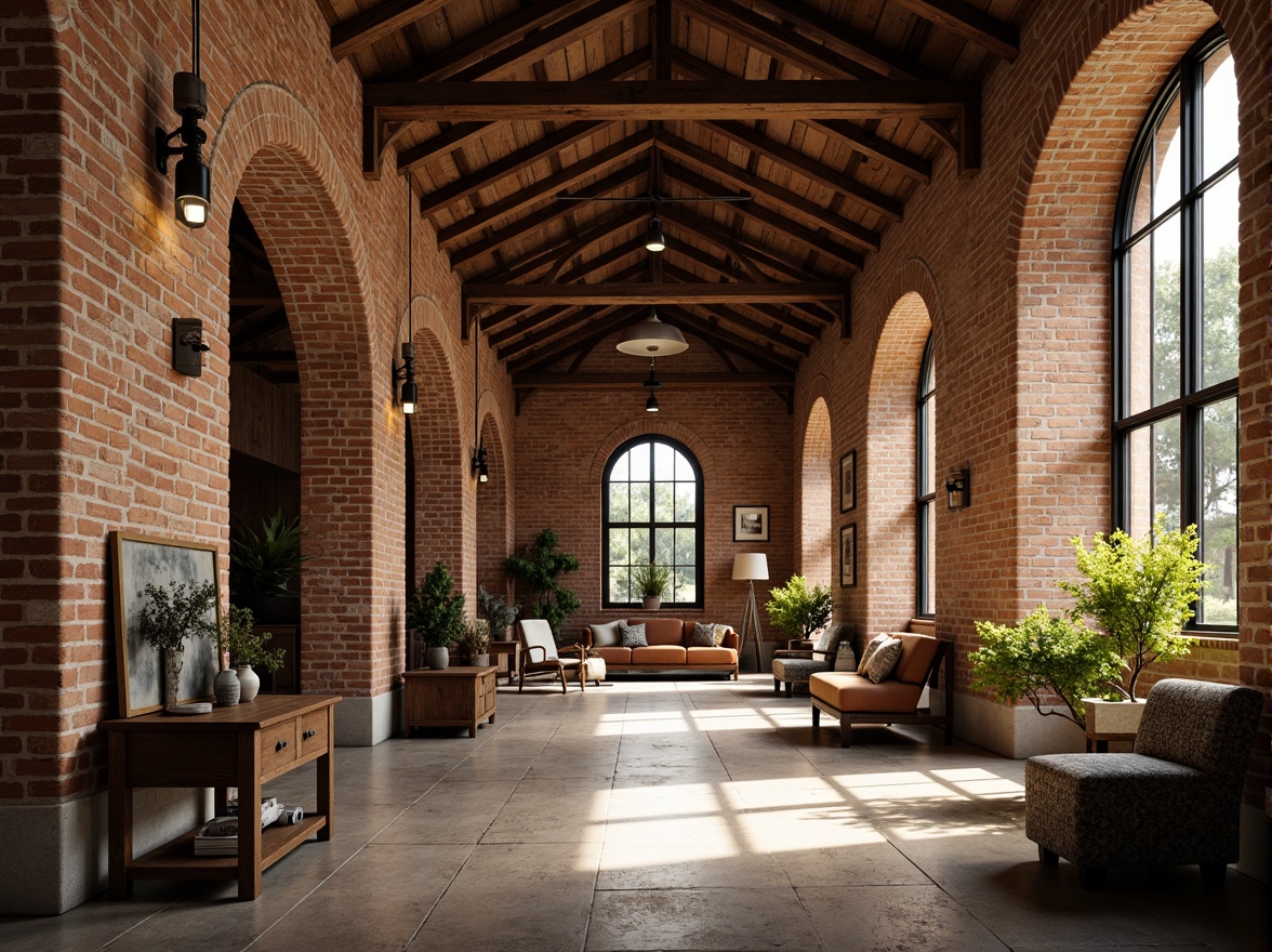 Prompt: Rustic warehouse, Romanesque arches, exposed brick walls, wooden beam ceilings, industrial metal accents, earthy color palette, natural stone floors, distressed wood textures, vintage machinery, eclectic decorative elements, warm soft lighting, shallow depth of field, 1/2 composition, atmospheric perspective, realistic renderings, ambient occlusion.