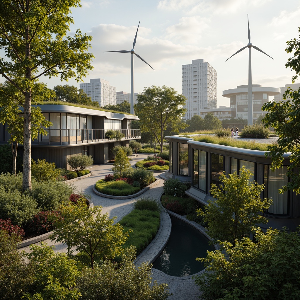 Prompt: Eco-friendly buildings, green roofs, solar panels, wind turbines, water conservation systems, recycled materials, natural ventilation, minimal waste generation, energy-efficient systems, sustainable urban planning, futuristic architecture, sleek metal structures, curved lines, modern minimalist design, vibrant greenery, blooming flowers, serene atmosphere, soft warm lighting, shallow depth of field, 3/4 composition, panoramic view, realistic textures, ambient occlusion.