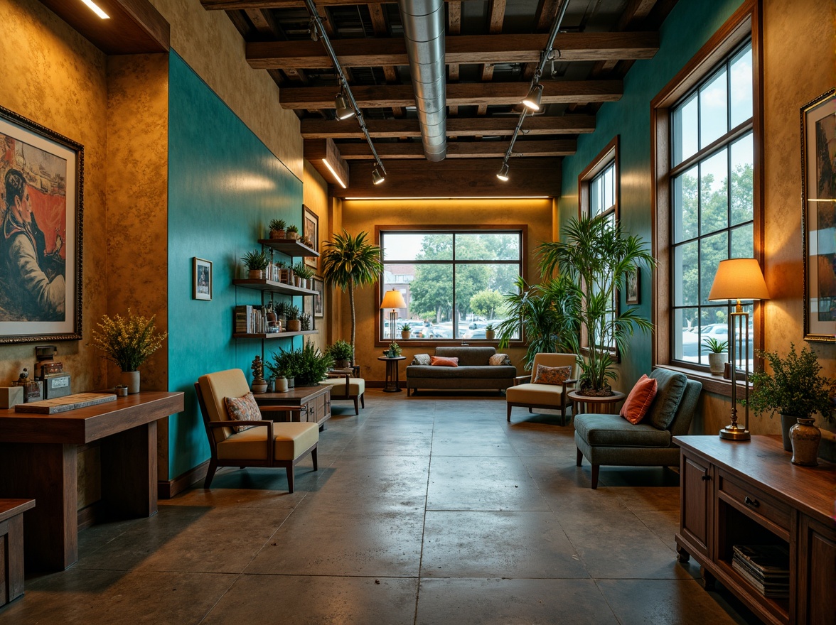 Prompt: Vibrant clinic, bold turquoise accents, warm beige walls, rich wood tones, eclectic art pieces, ornate metal fixtures, distressed finishes, abstract patterns, moody lighting, dramatic shadows, cinematic composition, 1/2 camera angle, high contrast ratio, gritty textures, ambient occlusion.