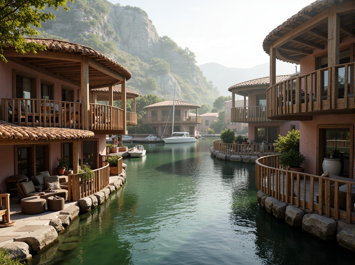 Prompt: Winding waterfront, rustic wooden docks, sailboats and yachts, nautical ropes and anchors, curved rooflines, undulating balconies, wavy railings, wooden shutters, earthy color palette, natural stone foundations, weathered wood textures, soft warm lighting, misty morning atmosphere, shallow depth of field, 1/2 composition, realistic water reflections, ambient occlusion.