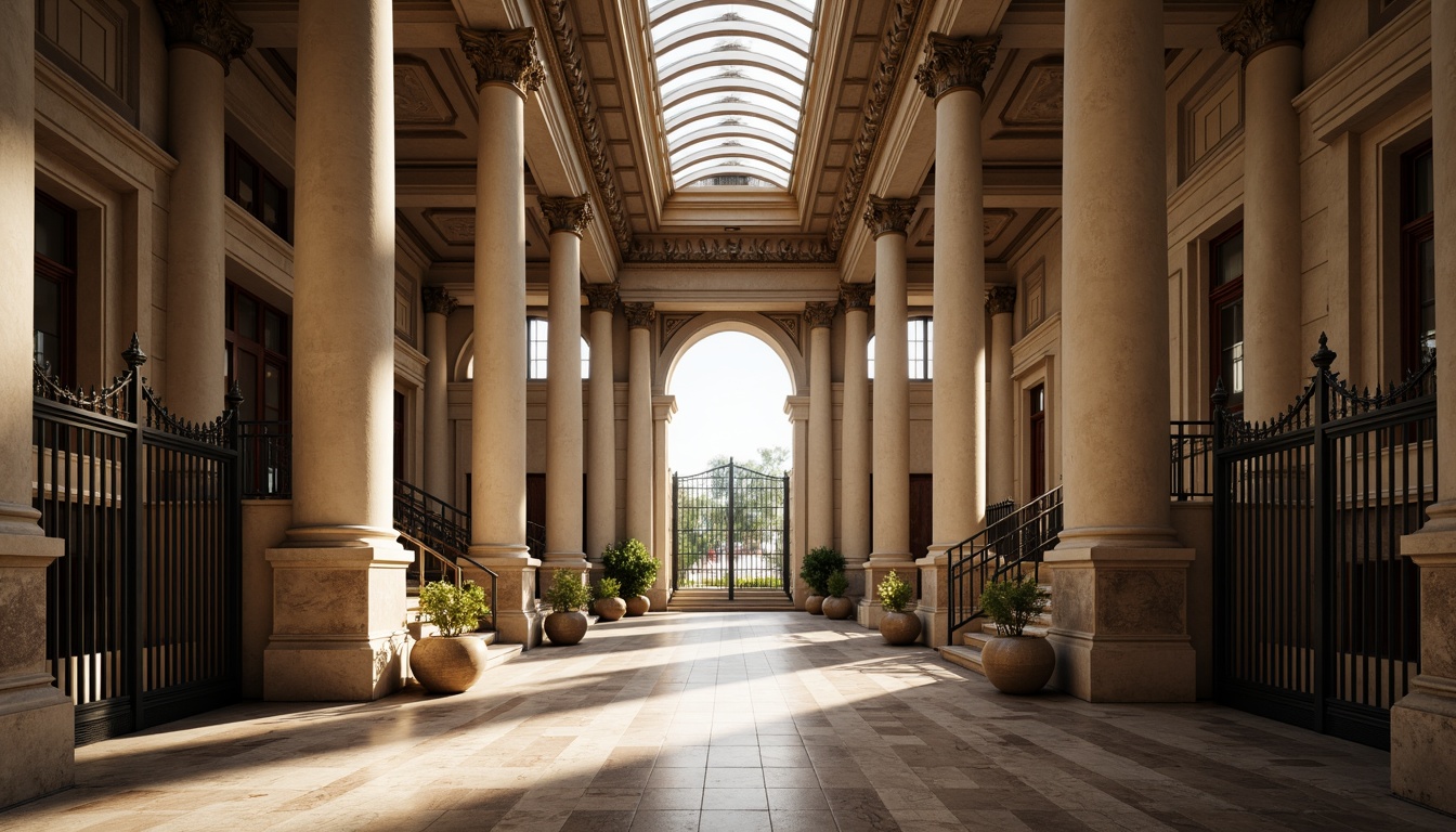 Prompt: Grand courthouse entrance, imposing stone columns, ornate metal gates, symmetrical fa\u00e7ade, high ceilings, grand staircases, polished marble floors, intricate moldings, natural light pouring through clerestory windows, warm soft lighting, subtle shadows, dramatic spotlights, 1/1 composition, realistic textures, ambient occlusion, morning sunlight, subtle color grading.