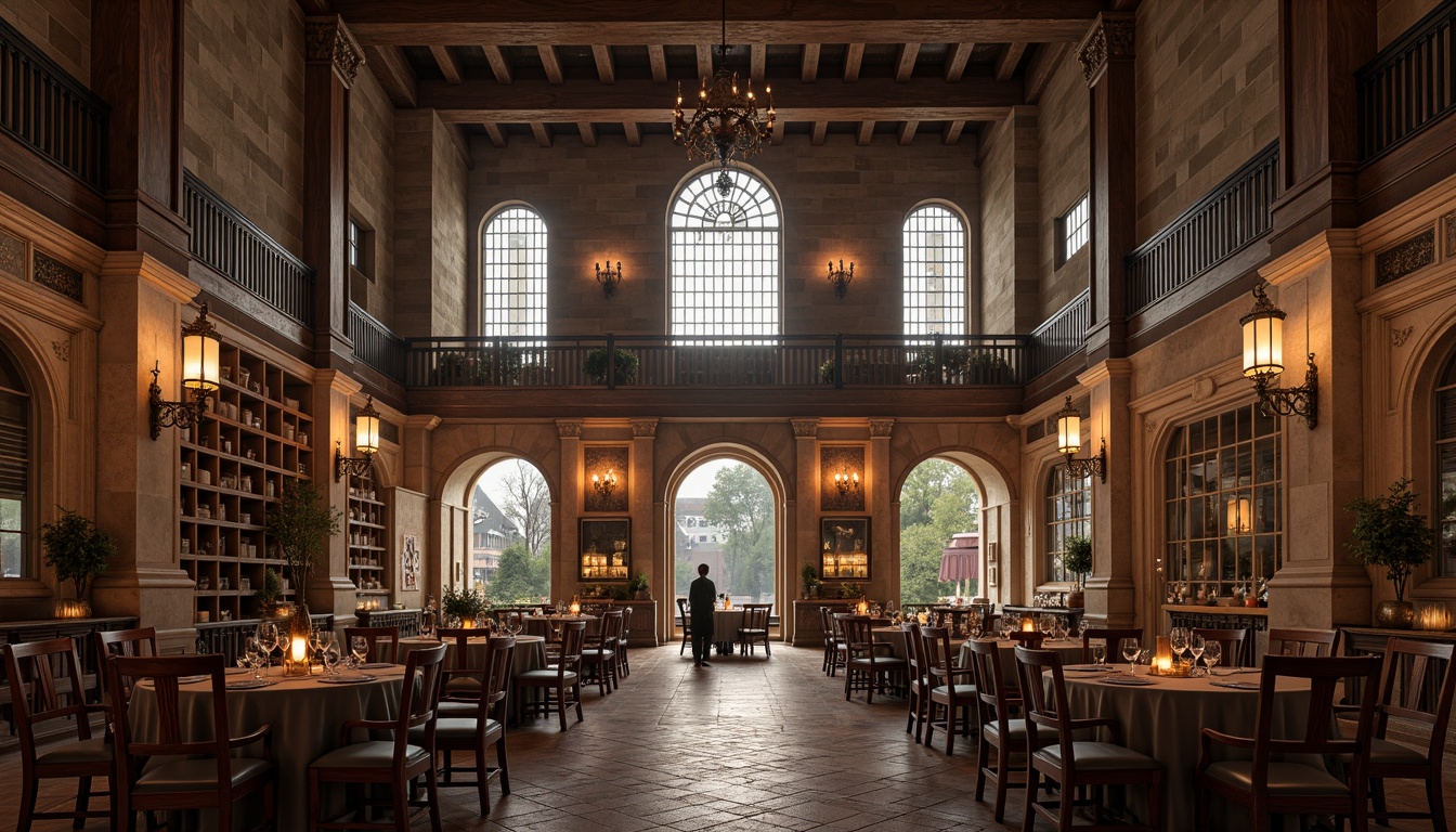 Prompt: Grand dining hall, ornate columns, rustic stone walls, vaulted ceilings, stained glass windows, warm candlelight, rich wood furnishings, elegant chandeliers, lavish textiles, intricate carvings, medieval-inspired architecture, robust archways, imposing pillars, dramatic verticality, atmospheric misting, soft warm lighting, 1/1 composition, realistic textures, ambient occlusion.