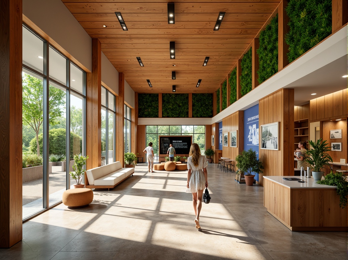 Prompt: Vibrant visitor center, warm earthy tones, natural wood accents, living green walls, educational exhibits, interactive displays, modern minimalist architecture, large windows, sliding glass doors, abundant natural light, soft warm lighting, shallow depth of field, 3/4 composition, panoramic view, realistic textures, ambient occlusion.