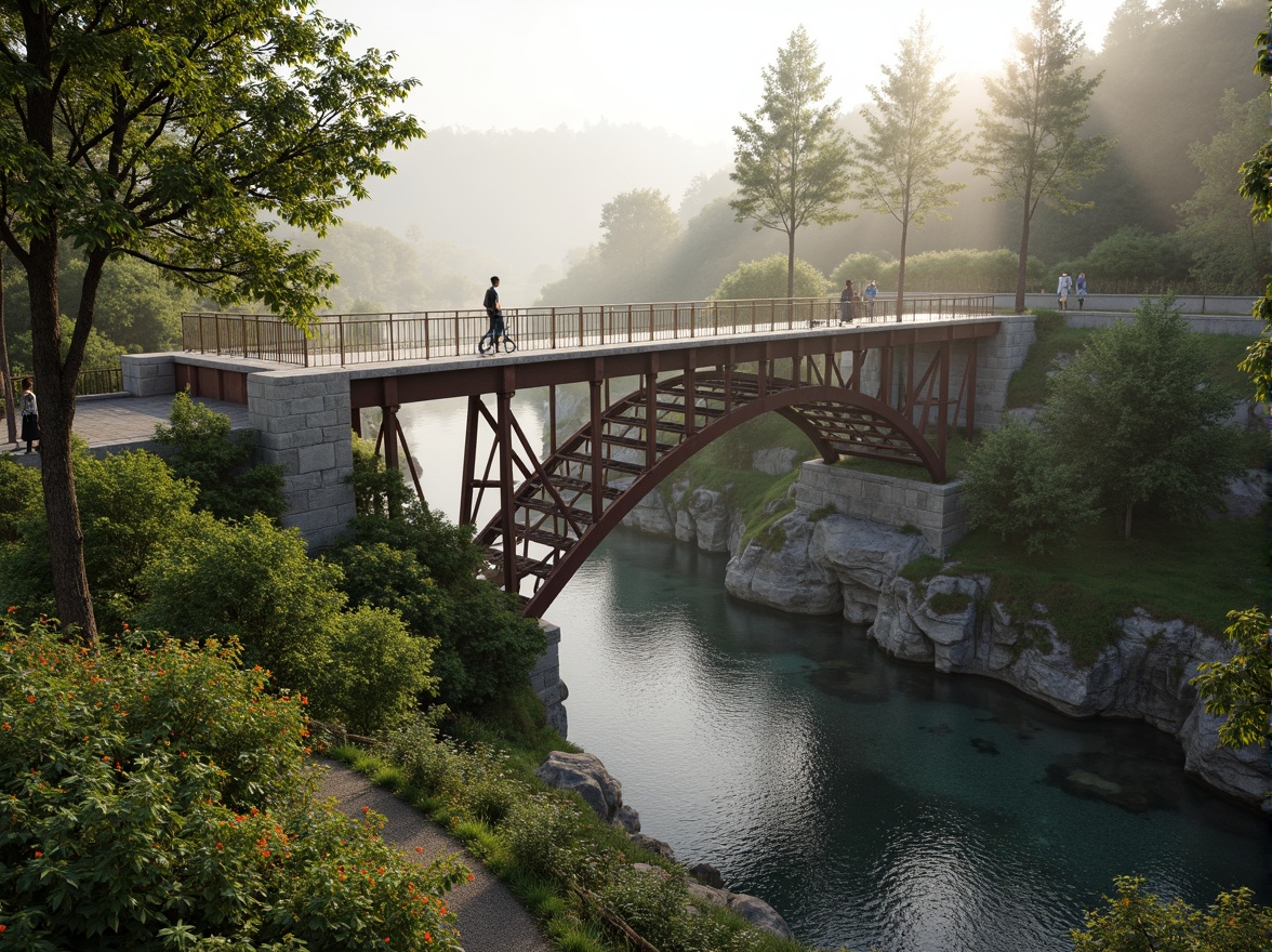 Prompt: Rustic steel bridge, meandering river, lush greenery, rocky outcrops, natural stone piers, wooden railings, scenic overlooks, pedestrian walkways, cycling paths, vibrant wildflowers, misty morning, soft warm lighting, shallow depth of field, 3/4 composition, panoramic view, realistic textures, ambient occlusion.