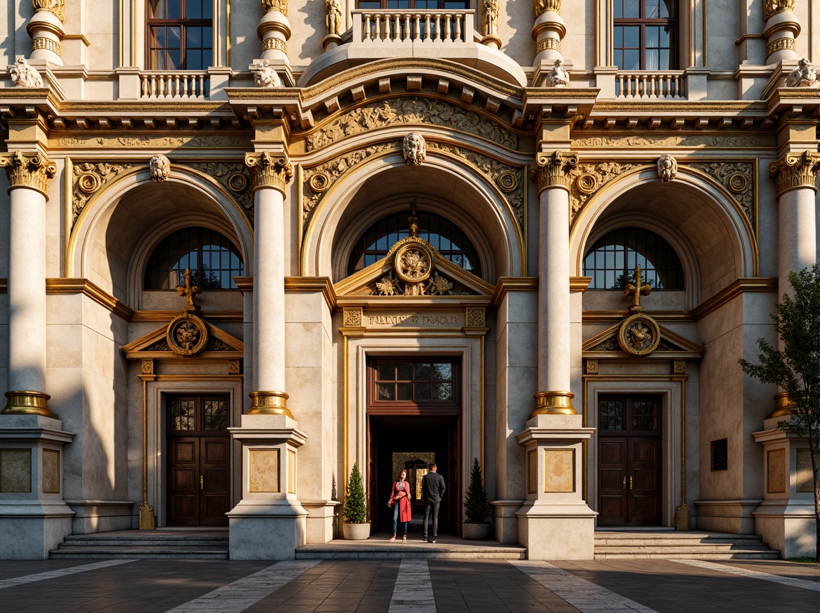 Prompt: Ornate church facade, intricately carved stone walls, gilded details, ornamental columns, grand entranceways, rusticated quoins, weathered limestone, aged bronze doors, stained glass windows, vibrant frescoes, decorative pediments, sculpted saints, lavish ornamentation, warm golden lighting, dramatic shadows, high contrast ratio, 1/2 composition, symmetrical framing, realistic normal maps.