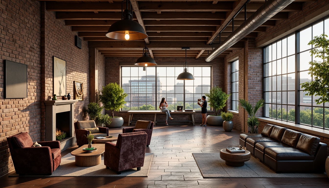 Prompt: Exposed brick walls, wooden beam ceilings, industrial metal pipes, reclaimed wood floors, vintage decorative items, soft warm lighting, cozy reading nooks, plush velvet sofas, distressed leather armchairs, eclectic art collections, lush greenery, natural stone accents, minimalist decor, open floor plans, high ceilings, large windows, cityscape views, urban landscape, romantic ambiance, warm color palette, rustic textures, shallow depth of field, 1/1 composition, panoramic view, realistic renderings, ambient occlusion.