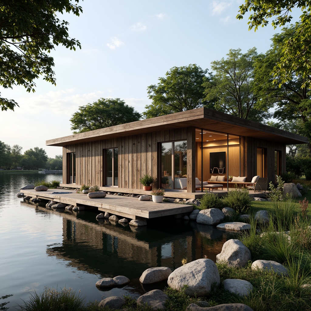 Prompt: Waterfront boathouse, rustic wooden dock, serene lake scenery, lush greenery, weathered wood cladding, corrugated metal accents, modern minimalist design, large windows, sliding glass doors, natural stone foundations, cantilevered rooflines, overhanging eaves, warm soft lighting, shallow depth of field, 3/4 composition, panoramic view, realistic textures, ambient occlusion.