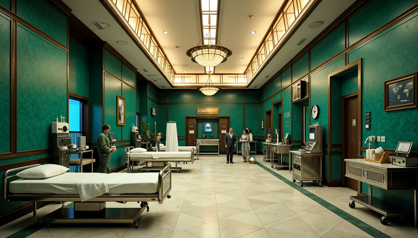 Prompt: Luxurious hospital interior, rich jewel tones, emerald green walls, navy blue accents, polished chrome fixtures, geometric patterns, ornate metalwork, lavish chandeliers, creamy white marble floors, warm golden lighting, soft focus, shallow depth of field, 1/2 composition, elegant typography, vintage medical equipment, sophisticated ambiance.