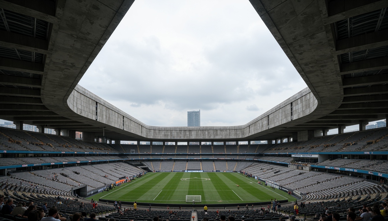 Prompt: Rugged brutalist stadium, exposed concrete structures, angular lines, fortress-like fa\u00e7ades, monumental scale, imposing presence, raw unfinished textures, industrial materials, steel beams, cantilevered roofs, dramatic shadows, high-contrast lighting, bold geometric forms, functional simplicity, urban landscape, cityscape backdrop, overcast sky, moody atmosphere, cinematic composition, low-angle shot, symmetrical framing.