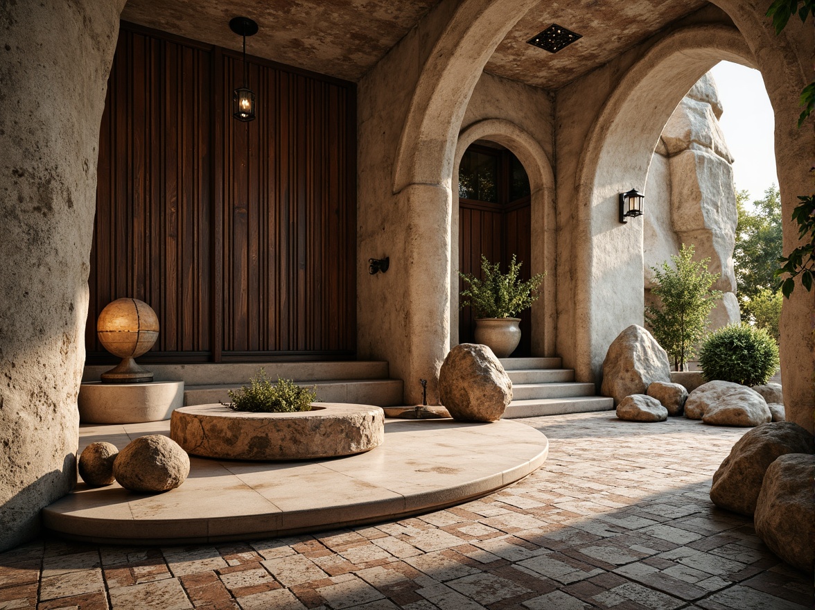 Prompt: Rough stone walls, weathered wooden planks, rusty metal accents, smooth concrete floors, intricate brick patterns, ornate tile mosaics, natural rock formations, earthy color palette, organic shapes, curved lines, modern minimalist aesthetic, abundant natural light, soft warm glow, shallow depth of field, 1/1 composition, realistic textures, ambient occlusion.