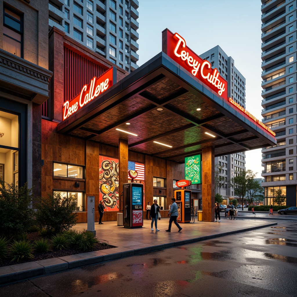 Prompt: Retro-futuristic gas station, eclectic mix of materials, distressed metal cladding, reclaimed wood accents, vibrant neon signs, bold color blocking, industrial-style lighting fixtures, polished concrete floors, exposed ductwork, corrugated steel roofs, ornate decorative tiles, vintage-inspired fuel pumps, modern LED signage, abstract graffiti murals, urban cityscape backdrop, warm golden hour lighting, shallow depth of field, 1/1 composition, realistic textures, ambient occlusion.