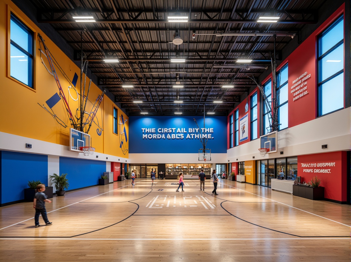 Prompt: Vibrant gymnasium interior, modernist architecture, bold color scheme, bright blue accents, energetic yellow tones, deep red hues, sleek metal beams, polished concrete floors, minimalist decor, industrial chic lighting, geometric patterns, abstract artwork, motivational quotes, athletic equipment displays, trophy cases, dynamic shadows, high-contrast lighting, 1/2 composition, realistic textures, ambient occlusion.