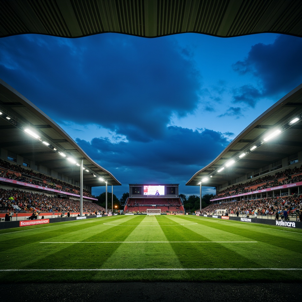 Prompt: Floodlit soccer stadium, evening atmosphere, vibrant green grass, sleek modern architecture, angular lines, cantilevered roofs, grandstand seating, player tunnels, goalposts, referee areas, LED scoreboard displays, dynamic lighting effects, high-intensity floodlights, warm color temperatures, 1/2 composition, low-angle shots, dramatic shadows, realistic textures, ambient occlusion.