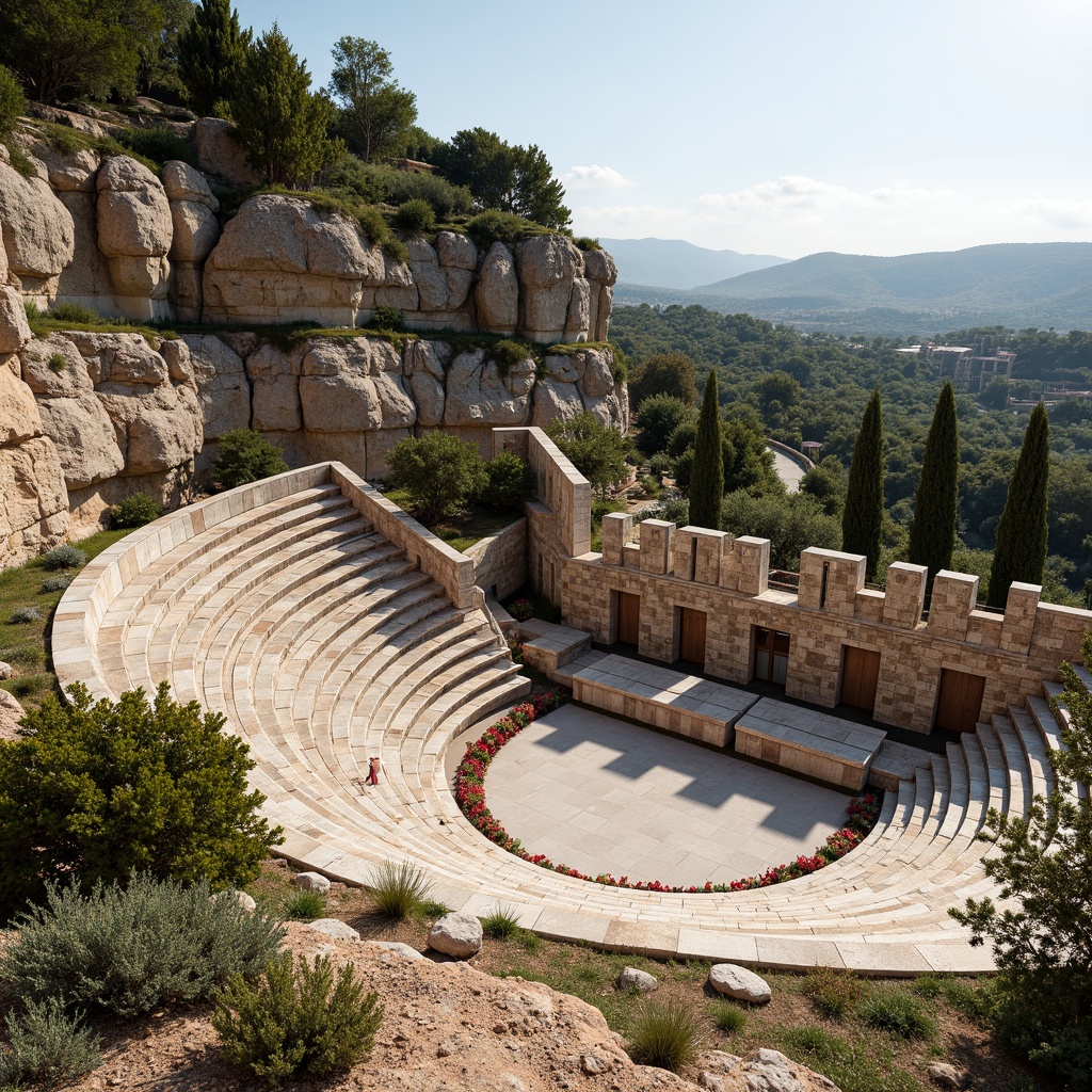 Prompt: Ancient Greek amphitheater, rustic stone seating, weathered wooden benches, natural rock formations, lush greenery surroundings, Mediterranean landscape, warm sunny day, soft diffused lighting, shallow depth of field, 3/4 composition, panoramic view, realistic textures, ambient occlusion, rough-hewn stone walls, ornate marble columns, intricate mosaic patterns, vibrant colorful textiles, comfortable cushioning, ergonomic seating design.