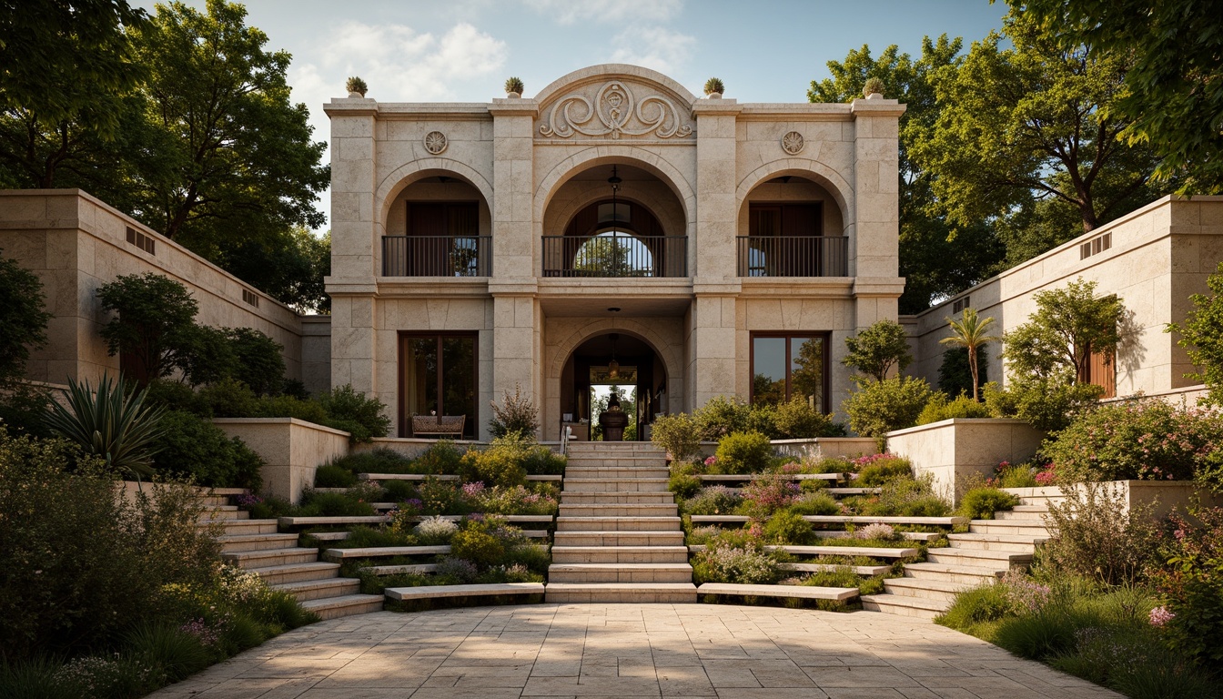 Prompt: Rustic stone amphitheater, Romanesque arches, ornate carvings, grand entrance gates, weathered stone walls, moss-covered steps, lush greenery, vibrant flowers, natural stone seating, curved rows of benches, dramatic spotlights, warm golden lighting, shallow depth of field, 1/2 composition, symmetrical framing, realistic textures, ambient occlusion.