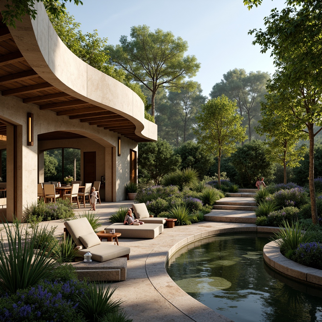 Prompt: Lush greenery, curved lines, organic forms, natural stone walls, wooden accents, earthy tones, serene ambiance, private courtyards, water features, koi ponds, walking paths, rustic benches, lantern-style lighting, soft warm glow, shallow depth of field, 3/4 composition, panoramic view, realistic textures, ambient occlusion, Mediterranean-inspired plants, succulents, olive trees, lavender fields, sunny day, gentle breeze, villa-style architecture, metabolism-inspired design, sustainable materials, eco-friendly systems.