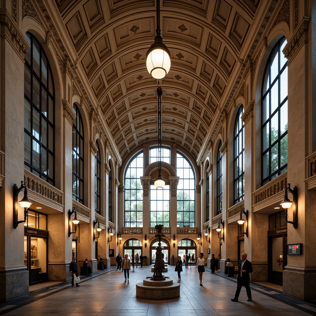 Prompt: Grandiose metro station, academic architectural style, ornate stone facades, arched windows, classical columns, intricate carvings, bronze statues, elegant chandeliers, high ceilings, marble floors, symmetrical composition, warm soft lighting, shallow depth of field, 1/1 aspect ratio, realistic textures, ambient occlusion, urban cityscape, busy streets, modern transportation systems.