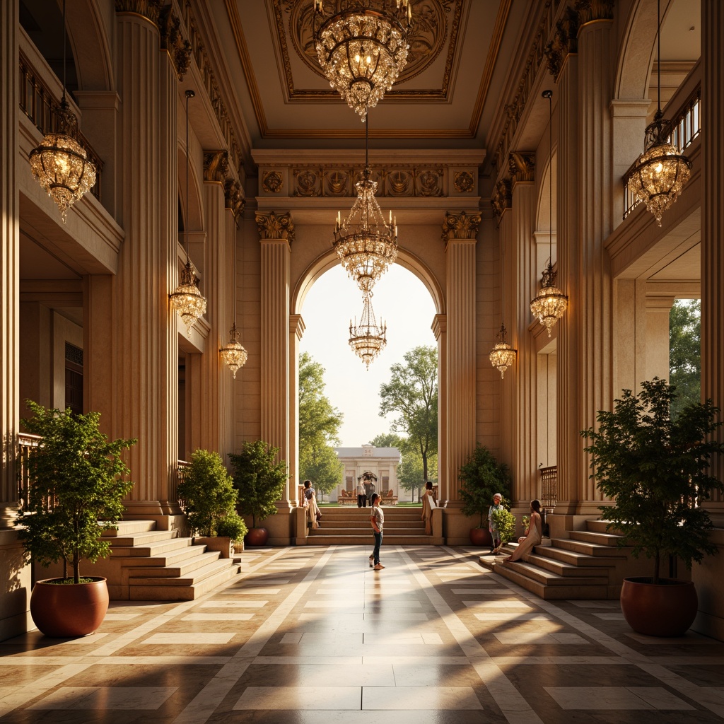 Prompt: Grandiose entrance, majestic colonnade, towering pillars, ornate capitals, polished marble floors, sweeping staircases, crystal chandeliers, luxurious furnishings, opulent drapery, regal ambiance, warm golden lighting, shallow depth of field, 1/1 composition, symmetrical framing, realistic textures, ambient occlusion.